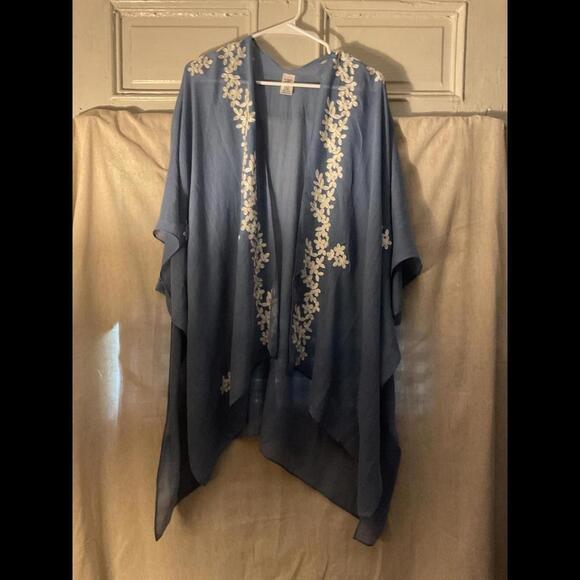 Tops - Boutique Blue Kimono with White Floral Embroidery One Size
